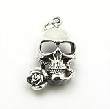 Sterling Silver Gothic Spooky Skull with a Rose in his Teeth Pendant