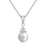 Sterling Silver Round Freshwater Cultured Pearl & Cubic Zirconia Pendant by Cheline, 18