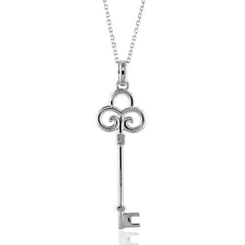 Sterling Silver Key Pendant with 1 Genuine Diamond and 18