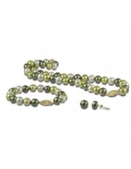 14K dyed multi green color freshwater cultured pearl earring/bracelet/necklace set.