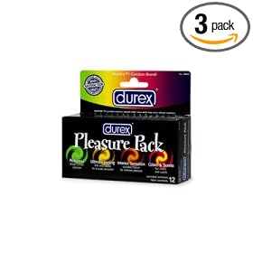 Durex Pleasure Pack Lubricated Condoms, 12-Count Boxes (Pack of 3)