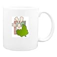 Mug with bush, smiling, rabbit, waving, hiding