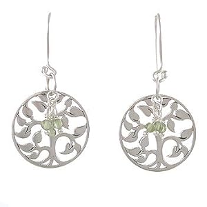 Round Tree of Life Dangle Earrings in Sterling Silver with Peridot Gemstone Beads, #8043