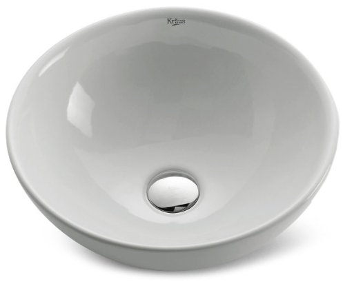 Kraus KCV-141-SN White Round Ceramic Sink with Pop Up Drain, Satin Nickel