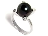 Natural Black, Tahitian South Sea Pearl, Set in 18K White Gold Ring, Enhanced with Bezel set Diamonds