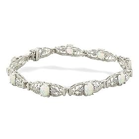 14K White Gold Genuine Oval Opal and Diamond Bracelet by Opal Bracelets