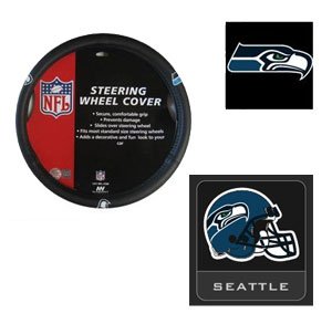2-Piece Seattle Seahawks Automotive Interior Gift Set - One Official NFL Licensed Steering Wheel Cover and One Official NFL Licensed Team Helmet Logo Air Freshener Pine Forest Scent