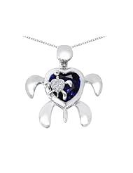 Original Star K (tm) Good Luck Mother and Child Turtle Pendant with Heart Shape Created Sapphire in 925 Sterling Silver