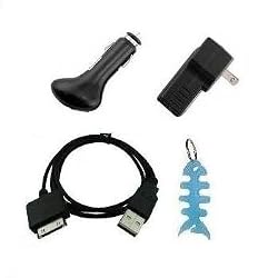 4 Items Charging Combo Kit for Microsoft Zune HD 16GB / 32GB: USB Car Charger + USB Home/Travel Charger + 2in1 USB Data Sync Cable + Light Blue Fishbone Style Keychain