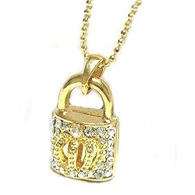 Designer Look Small Crystal Lock Crown Charm Necklace Gold Tone