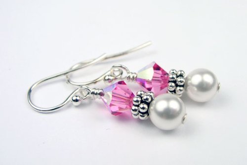 Damali Sterling Silver October Rose (Pink Tourmaline) Swarovski Crystal and Freshwater Pearl Earrings - 1 Inch
