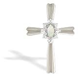 14K White Gold Genuine Marquise Opal and Diamond Cross Pendant