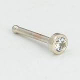 14K White Gold Nose Bone 1.25mm Bezel-set: 18g 1/4, Cubic Zirconia Gem