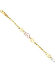 14k Solid Tri-color Gold Hearts And Circles Anklet 10" w/ Lobster Claw Clasp