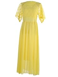 Lace Pleated 3/4 Sleeves Floral Print Maxi Dress 