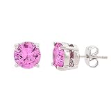 Sterling Silver CZ Pink Sapphire Round Stud Earrings