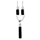 Sterling Silver Onyx Inlay Rectangle Drop Earrings and Matching Pendant Set, 16