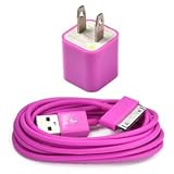 Hot Pink USB Wall Charger + 6Ft Long USB Charge and Sync Data Cable for Apple iPhone 3G 3GS 4 4S iPod nano iPod touch