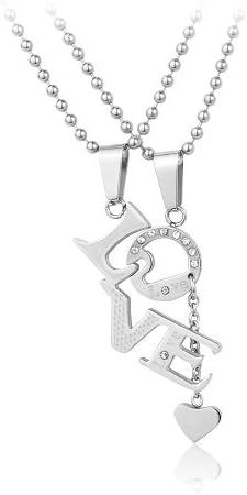 Stainless Steel Couple Lovers "Love" Jigsaw Puzzle Pendant Necklace Set His and Hers w/ Crystal CZ Rhinestone Jewelry. FREE CHAIN NECKLACES INCLUDED.