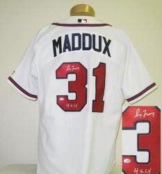 Greg Maddux Autographed/Hand Signed Authentic Atlanta Braves Baseball Jersey with 4X Cy Inscription