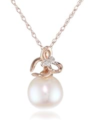 10K Rose Gold 8 - 8.5mm Freshwater Cultured Pearl and (0.008 cttw, G-H Color, I2-I3 Clarity) Diamond Pendant Necklace, 17"