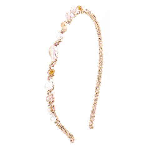 Women Clear Pink Brown Faux Crystal Beads Tinsel Narrow Hair Hoop Headband