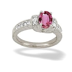 14K White Gold Genuine Oval Pink Tourmaline and Diamond Ring