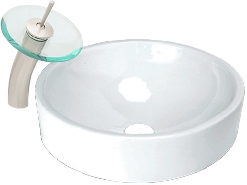Ticor Full Moon Vessel Porcelain Bathroom Sink W/overflow and Brushed Nickel Waterfall Faucet Combo
