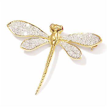 14kt Yellow Gold Dragonfly Pin With Diamond Wings And Ruby Eyes
