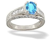 14K White Gold Genuine Oval Blue Topaz and Diamond Antique Style Ring