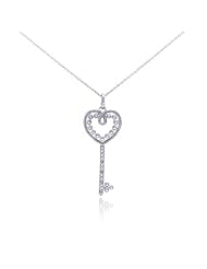 Rhodium Plated 925 Sterling Silver Cubic Zirconia CZ Key to the Heart Charm Pendant Necklace with Link Chain