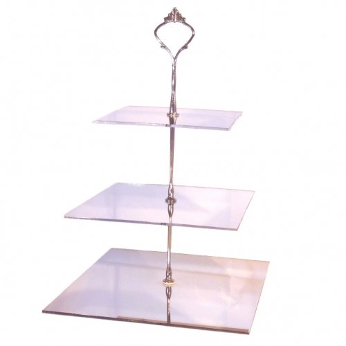 Three Tier Silver Mirror Square Acrylic Cake Stand 23cm 19cm 15cm (overall 32cm) (6inch 7.5inch & 9inch height 12.5inch)