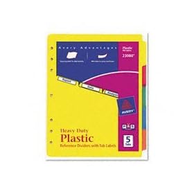 Avery Plastic Index Tab Dividers with White Self-Stick Lables, 5-Tab, Letter Size, Assorted, 5 per Set (23080)