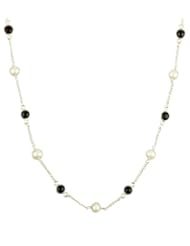Sterling Silver with 9 Freshwater Pearls and 8 Black Onyx Round Cabochon Necklace, 18"