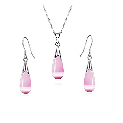 14k White Gold Plated Women Jewelry Set Water Drop Artificial Moonstone Pendant Necklace,Artificial Gemstone Dangle Earrings for Women (Pink Jewelry Set)