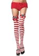 Christmas Stripe Thigh High Nylon Stocking with Double Bow and Candy Cane Applique