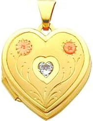 14K Two Tone Gold CZ Flower Heart Locket Jewelry New