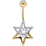 Solid 14KT Yellow White Gold Mixed CZ HOLLOW STAR Belly Ring