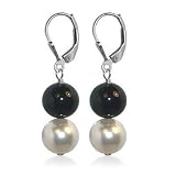 10 MM White and Mystic Black Swarovski Pearl Sterling Silver Leverback 1.5 Long Dangle Earrings