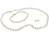 Cultured White 7-7.5mm Pearl Earring Studs, Necklace, and Bracelet Set in 14K Yellow Gold