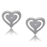 Double Heart Sterling Silver Earring Studs w/ Diamonds