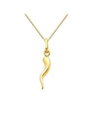14K Yellow Gold Small Cornicello Italian Horn Charm Pendant with Yellow Gold 0.65mm Box Link Chain Necklace with Spring Ring Clasp - Pendant Necklace Combination (Different Chain Lengths Available)