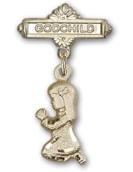 Gold Filled Baby Badge with Praying Girl Charm and Godchild Badge Pin