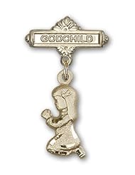 14kt Gold Baby Badge with Praying Girl Charm and Godchild Badge Pin
