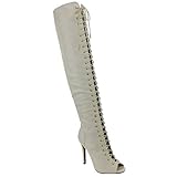 DOLLHOUSE CONFIDENCE Women's Over The Knee Lace Up Peep Toe Fetish High Heel Boots, Color:IVORY, Size:8.5