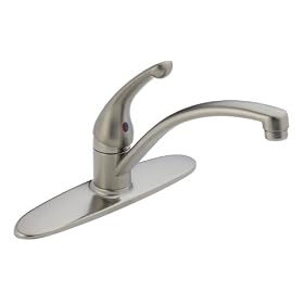 Click here to buy Delta 102-SSWF Sincerity Single-Handle Three Hole Kitchen Faucet, Stainless by Delta Faucet.