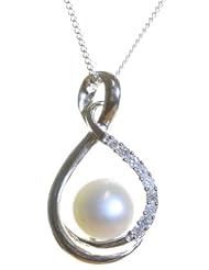 Classical 925 Sterling Silver 8.0mm Cream Pearl Women Pendant + Chain with Cubic Zirconia/CZ