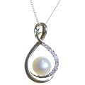 Klassischer 925 Sterling Silber S��wasser-Perlen Damen - Anh�nger + Kette mit Zirkonia Creme 8.0mm