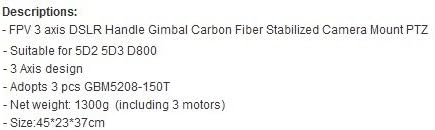 Gowe® FPV 3 Axis Dslr Brushless Gimbal Carbon Fiber Stabilized Camera Mount w/ Motor for 5DII FPV Photography