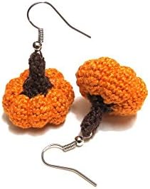 Crochet fall autumn costume jewelry halloween thanksgiving pumpkin earrings orange brown made with 100% cotton thread